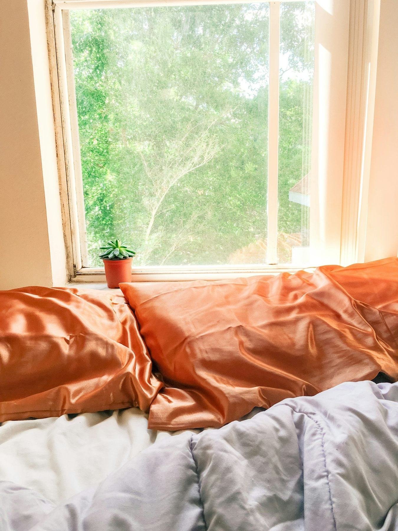 Orange pillows and pale bedding beside a sunlit window with a small potted plant.